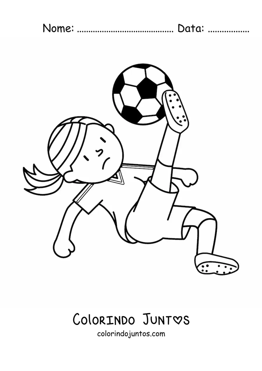 Desenho para colorir de uma menina chutando a bola de futebol