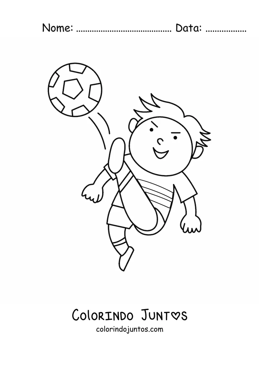 Desenho para colorir de um menino chutando a bola de futebol