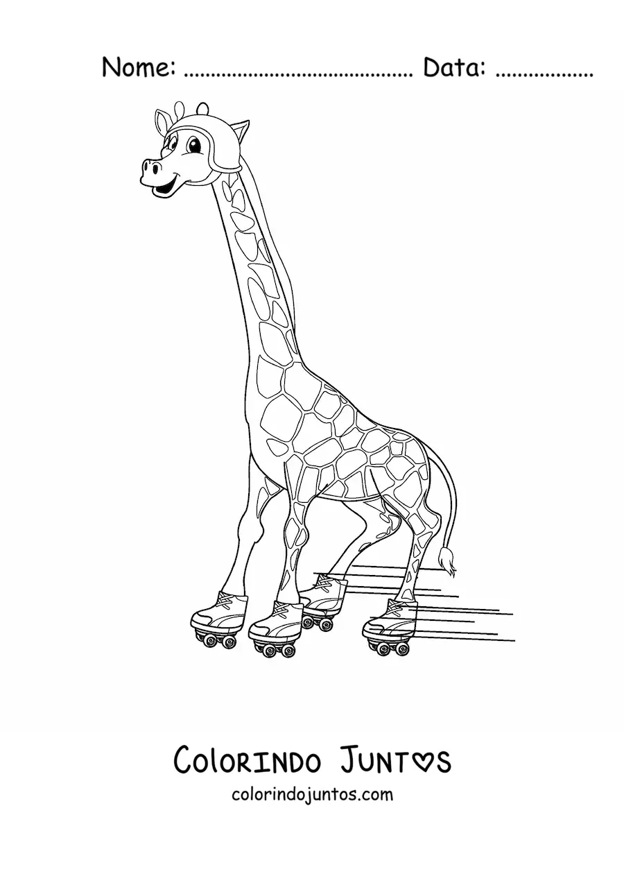 Desenho para colorir de uma girafa animada patinando feliz