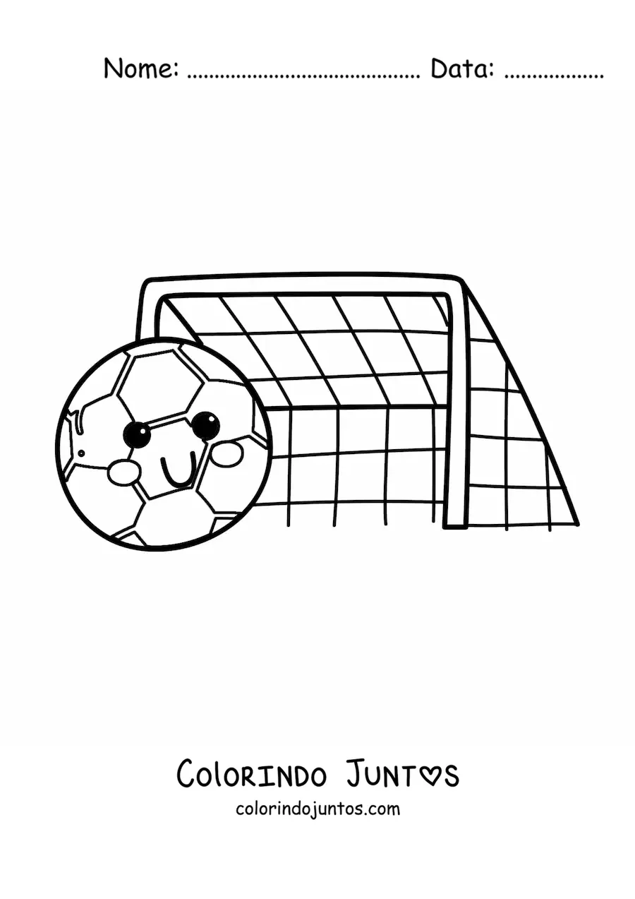 Desenho para colorir de uma bola de futebol kawaii junto ao gol