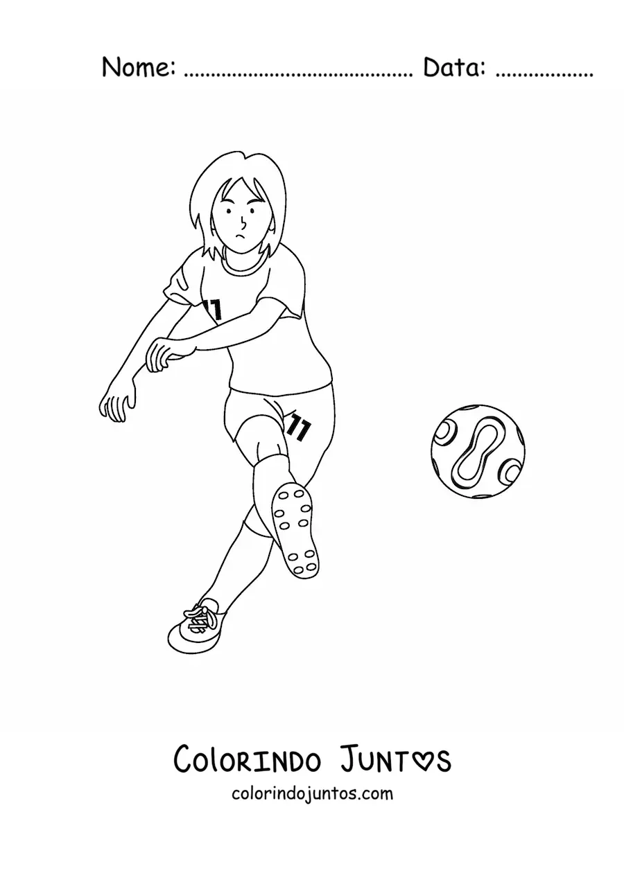 Desenho para colorir de uma menina praticando futebol feminino