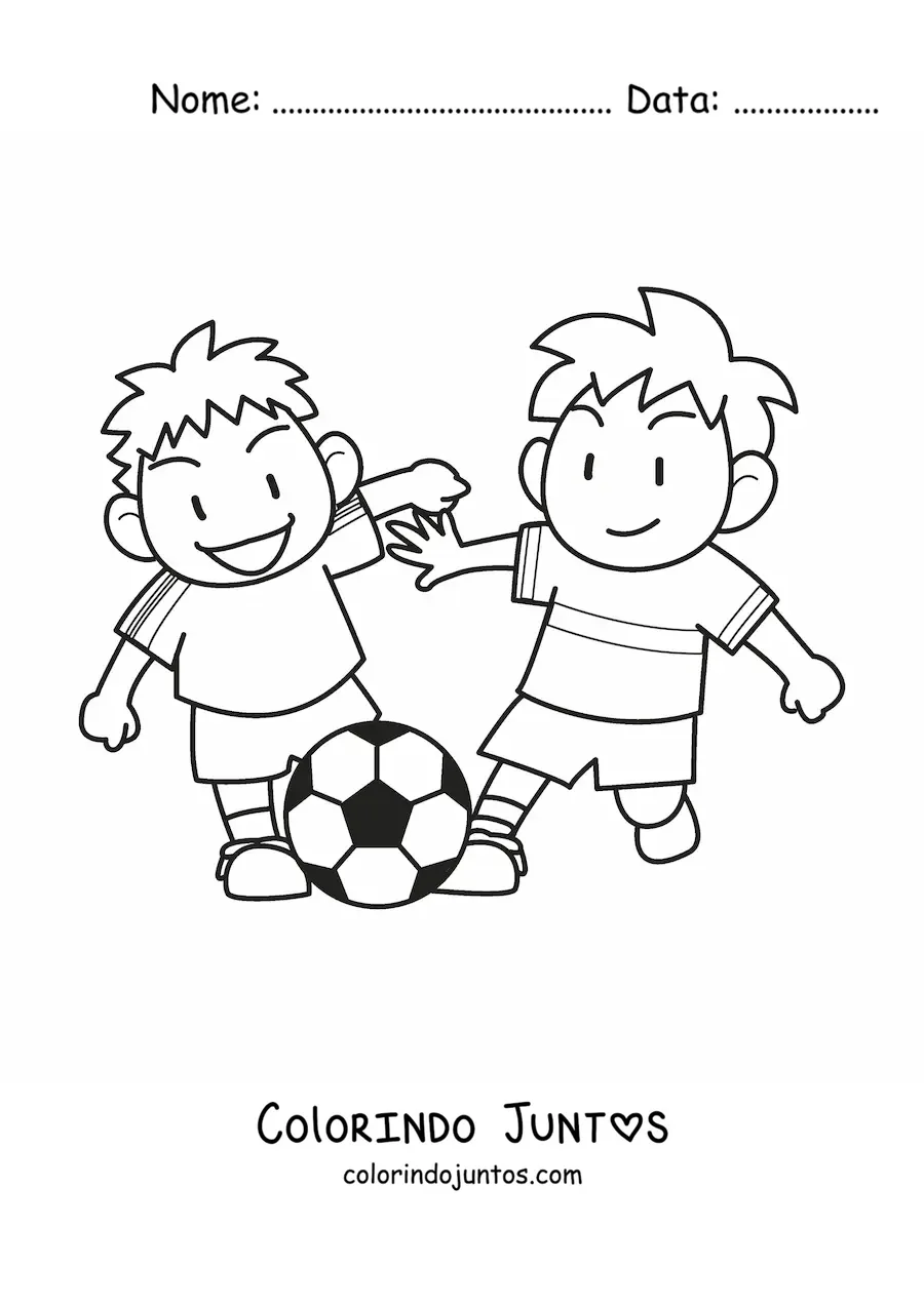 Desenho para colorir de duas crianças jogadoras de futebol