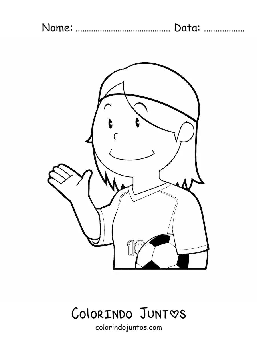 Desenho para colorir de uma menina jogadora de futebol acenando