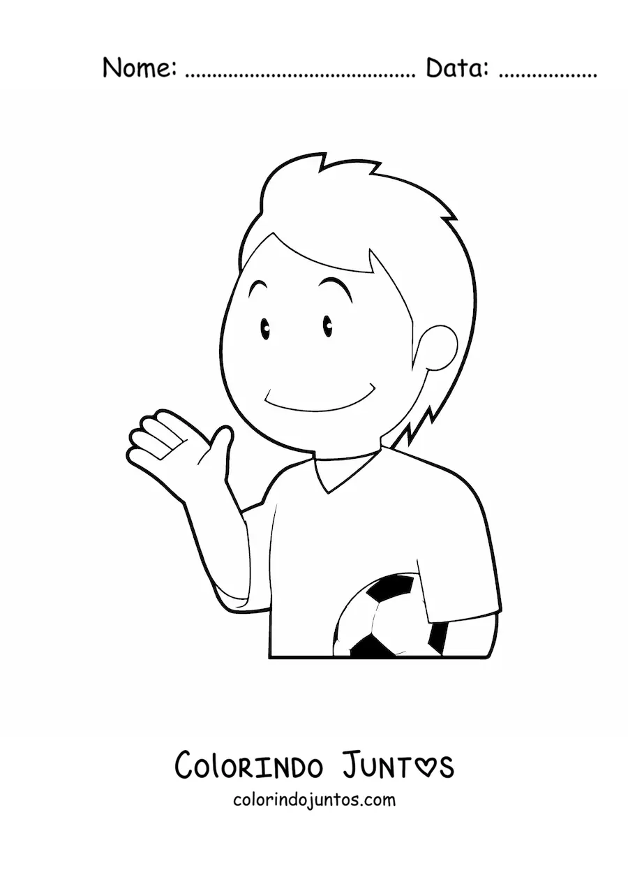 Desenho para colorir de um menino jogador de futebol acenando
