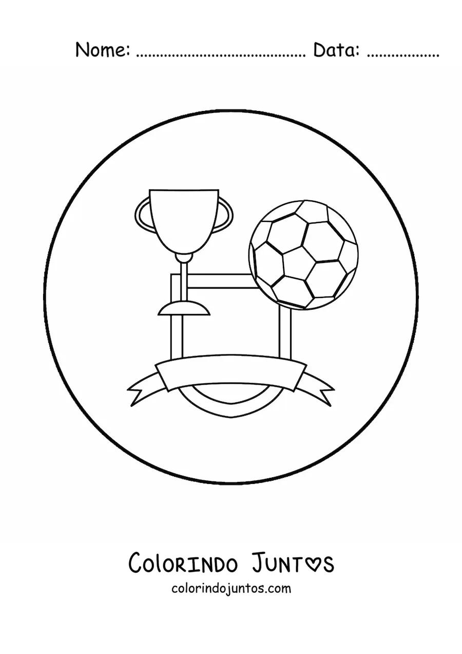 Desenho para colorir de um escudo com uma bola e um troféu de futebol