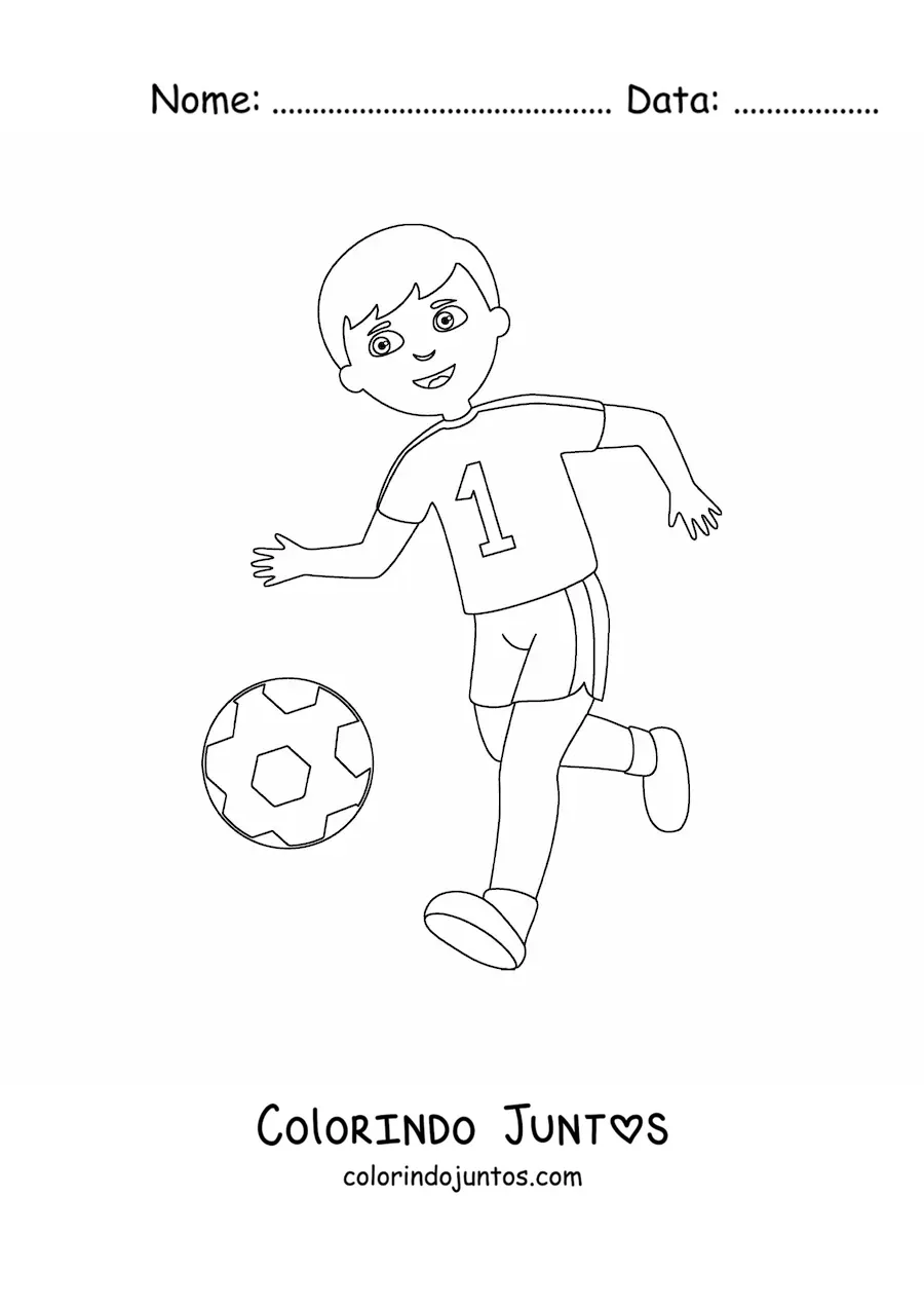 Desenho para colorir de um menino correndo atrás da bola de futebol