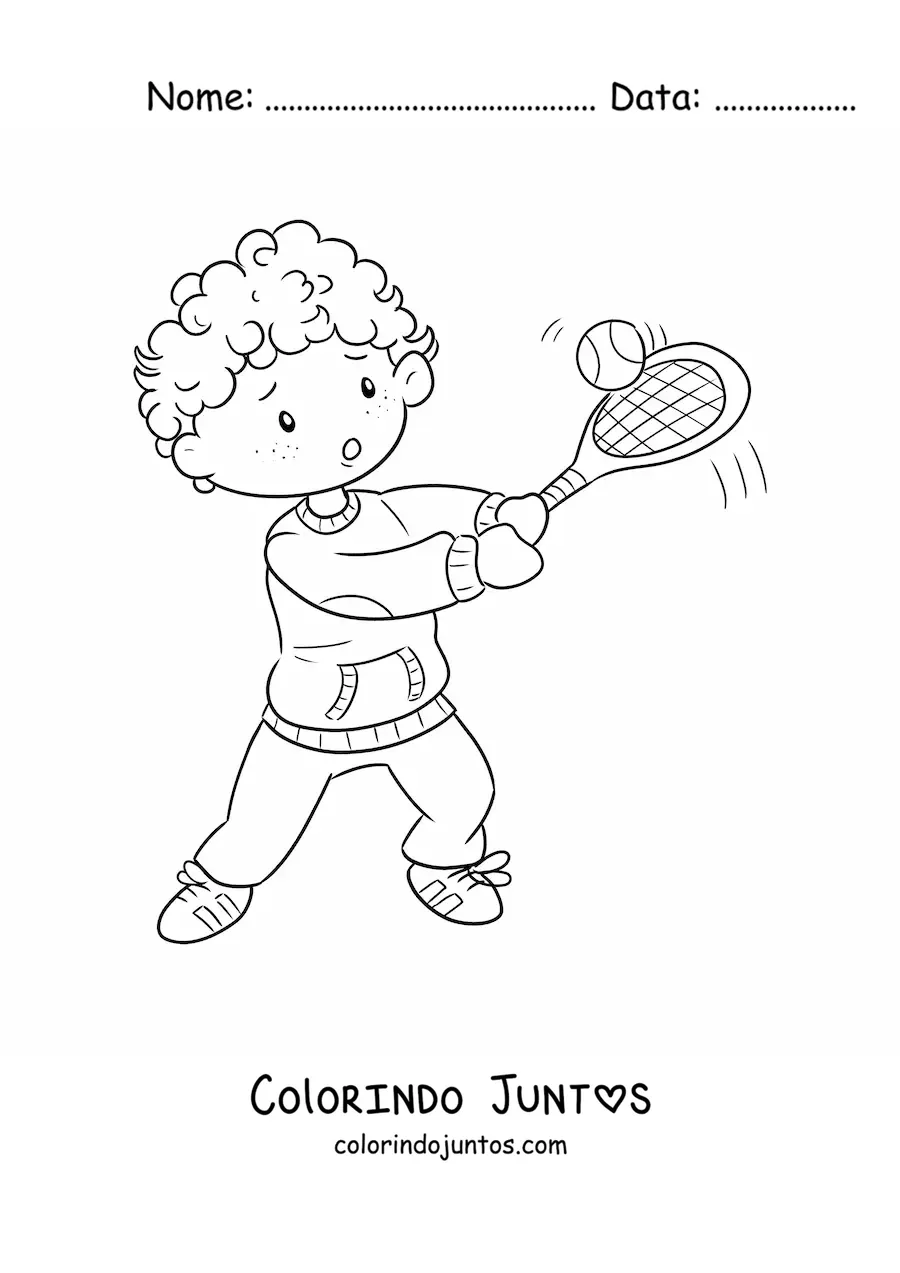 Desenho para colorir de um menino kawaii jogando tênis