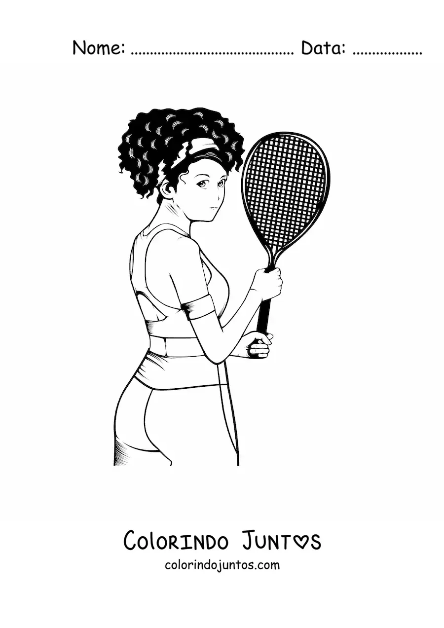 Desenho para colorir de uma mulher segurando uma raquete de tênis