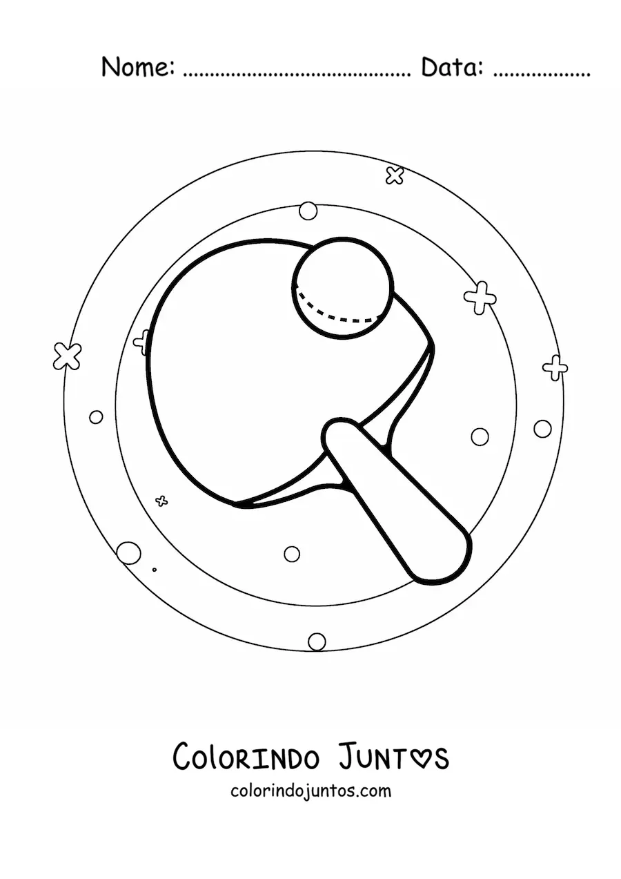 Desenho para colorir de uma raquete e uma bola de tênis de mesa