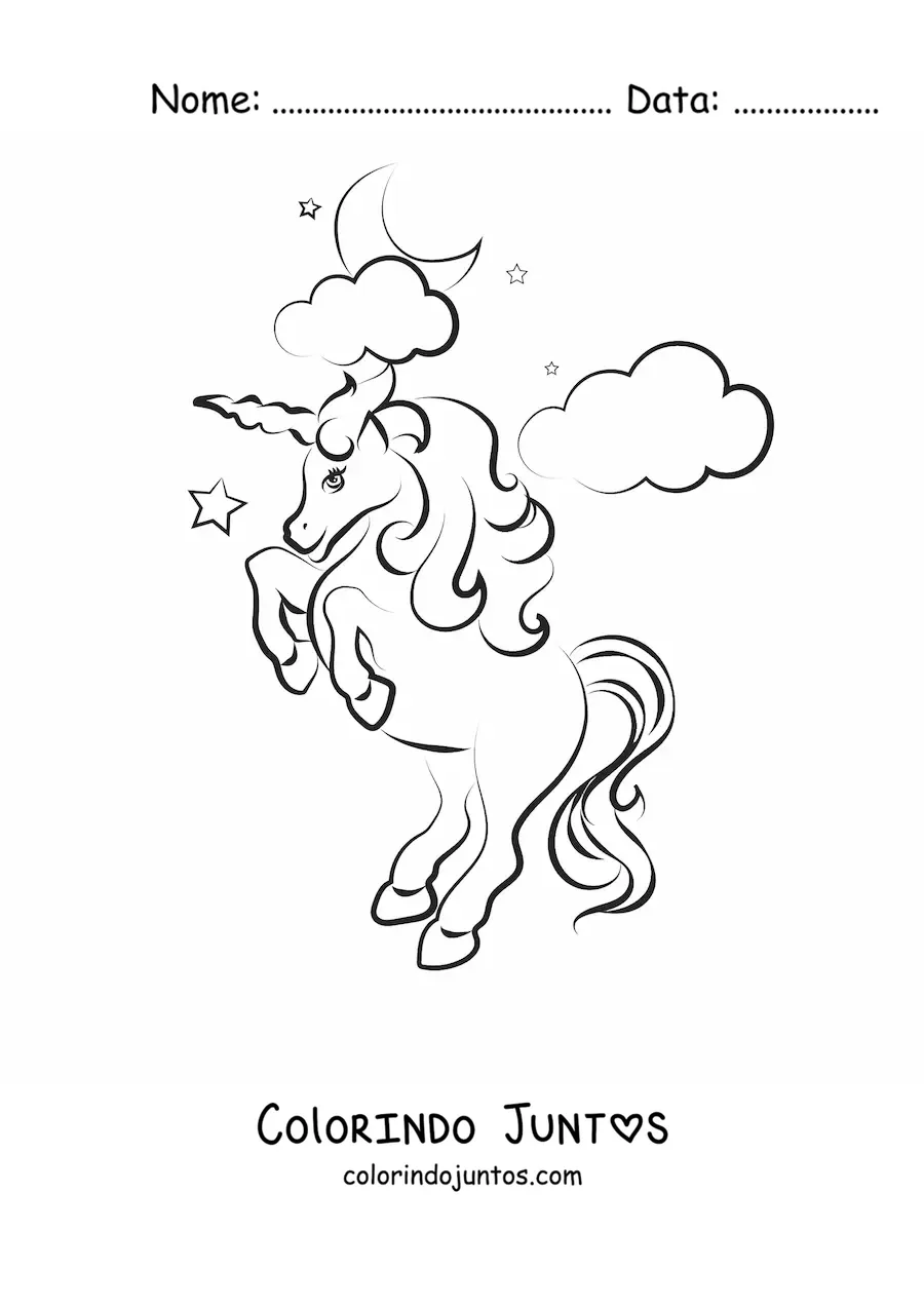Desenho para colorir de um unicórnio animado em duas patas, com estrelas, nuvens e a lua ao fundo