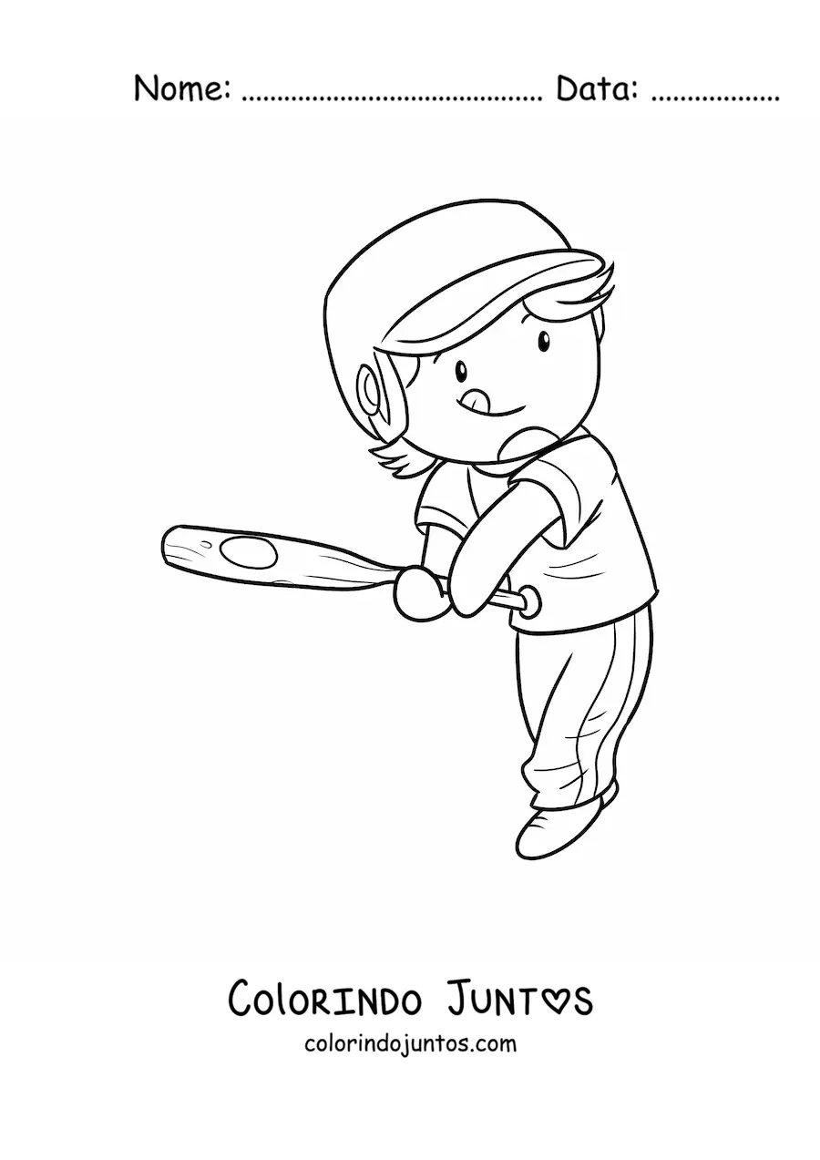 Desenho para colorir de um jogador de beisebol kawaii com um taco