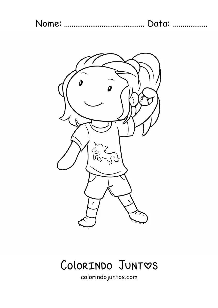 Desenho para colorir de uma menina jogando beisebol