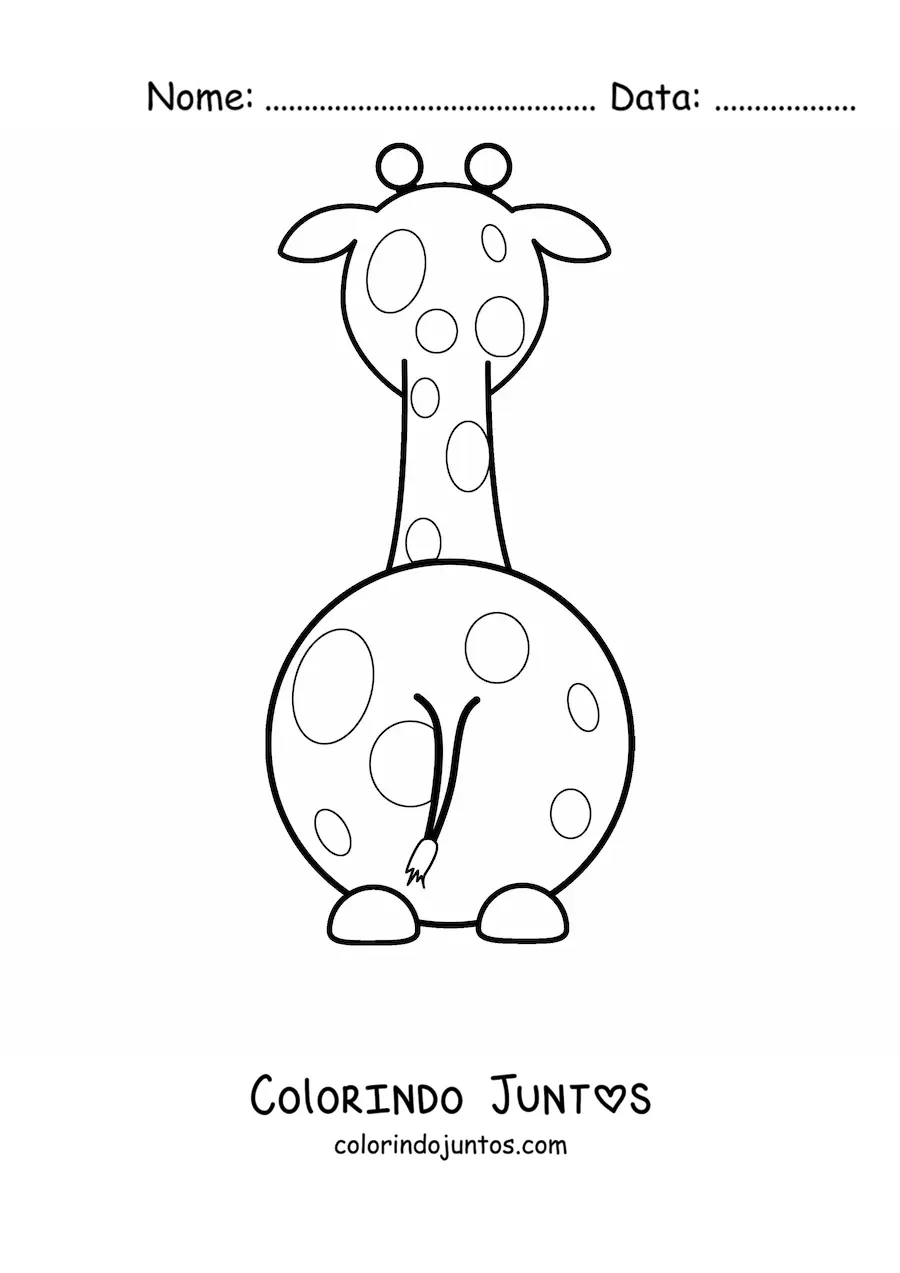 Desenho para colorir de uma girafa animada sentada de costas