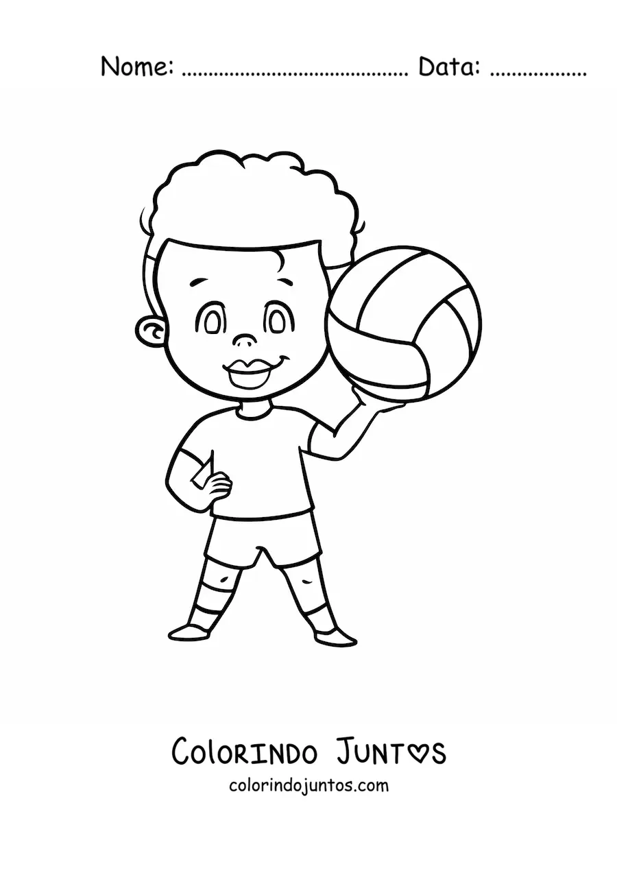 Desenho para colorir de um menino kawaii com bola de vôlei