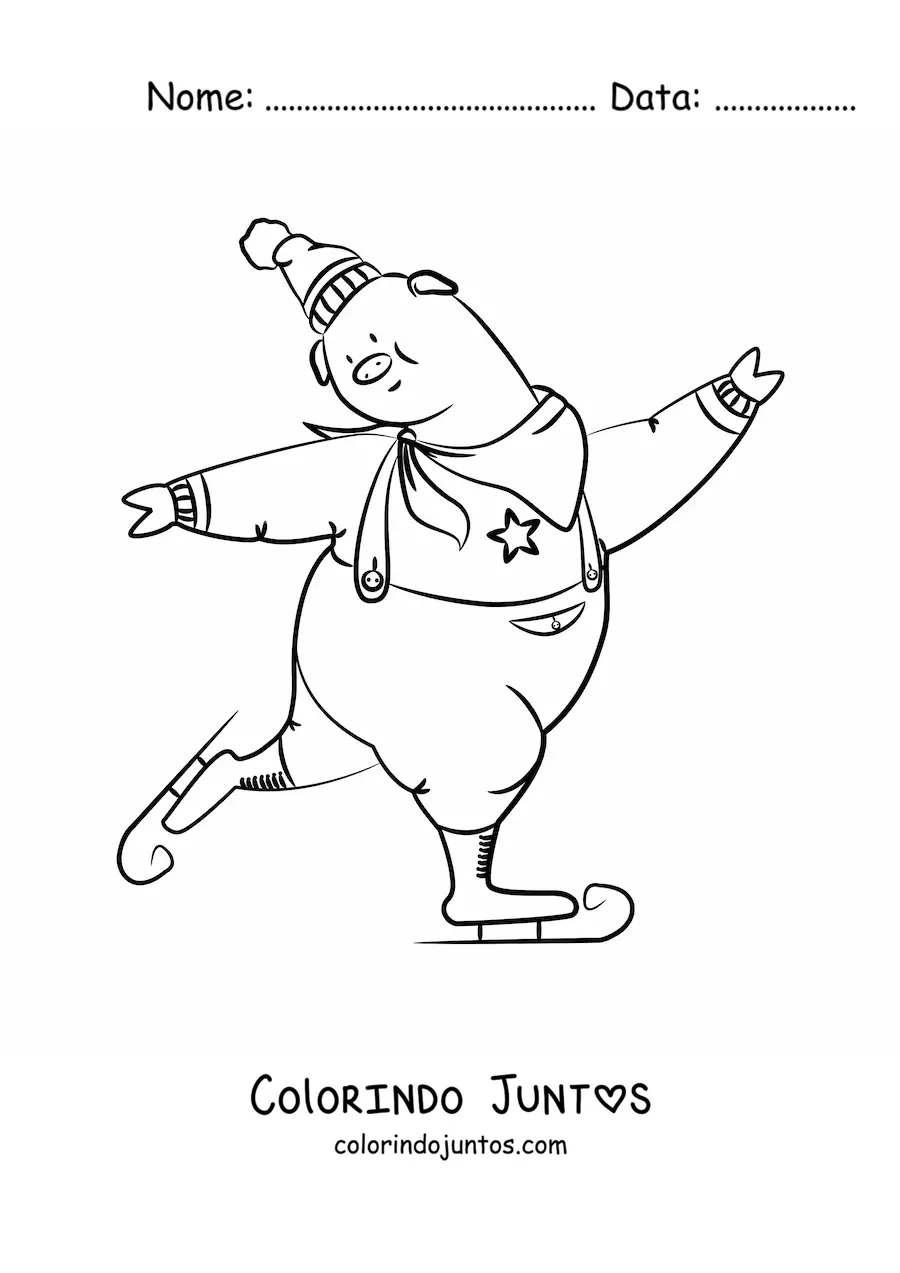 Desenho para colorir de um porco animado patinando no gelo