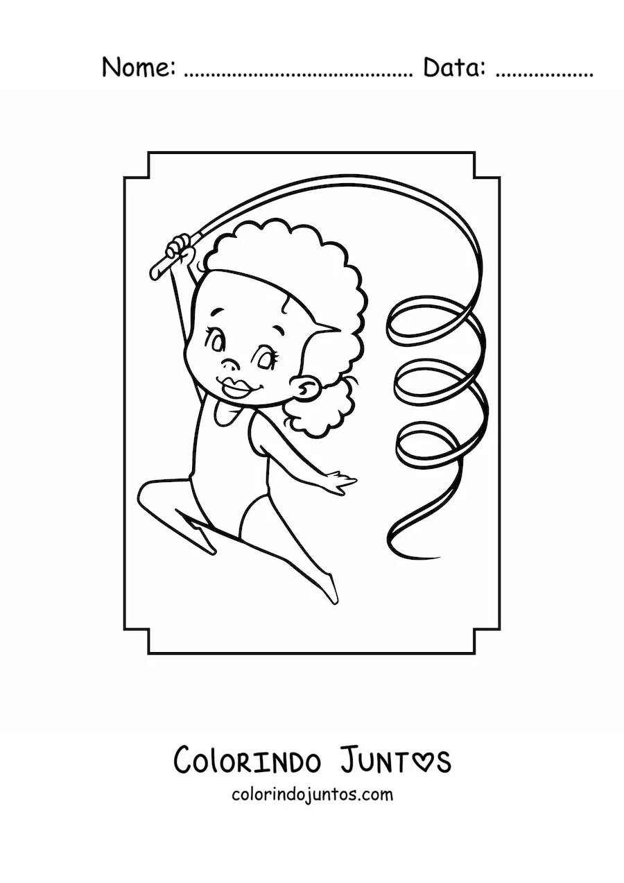 Desenho para colorir de uma menina ginasta kawaii com uma fita