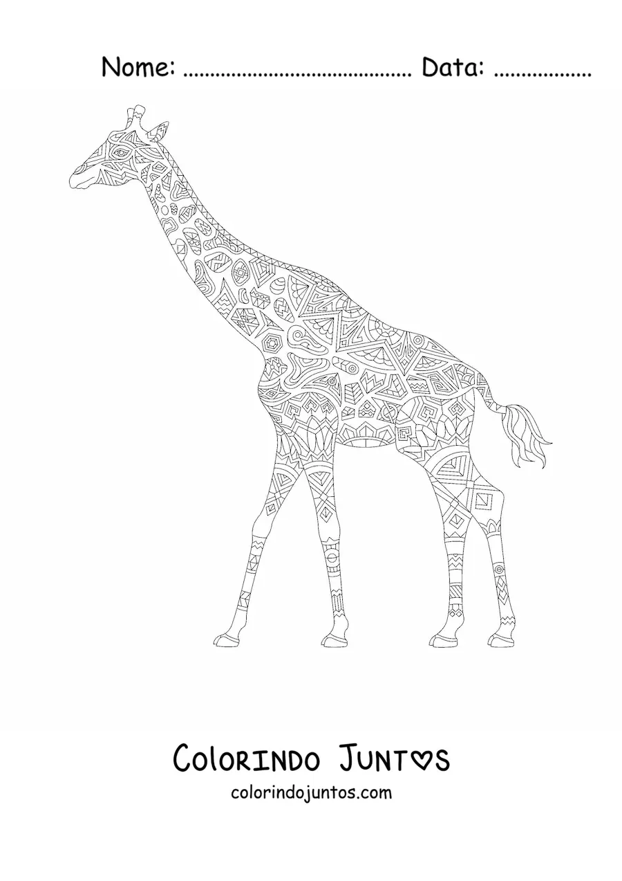 Desenho para colorir de uma mandala em formato de girafa esticando o pescoço