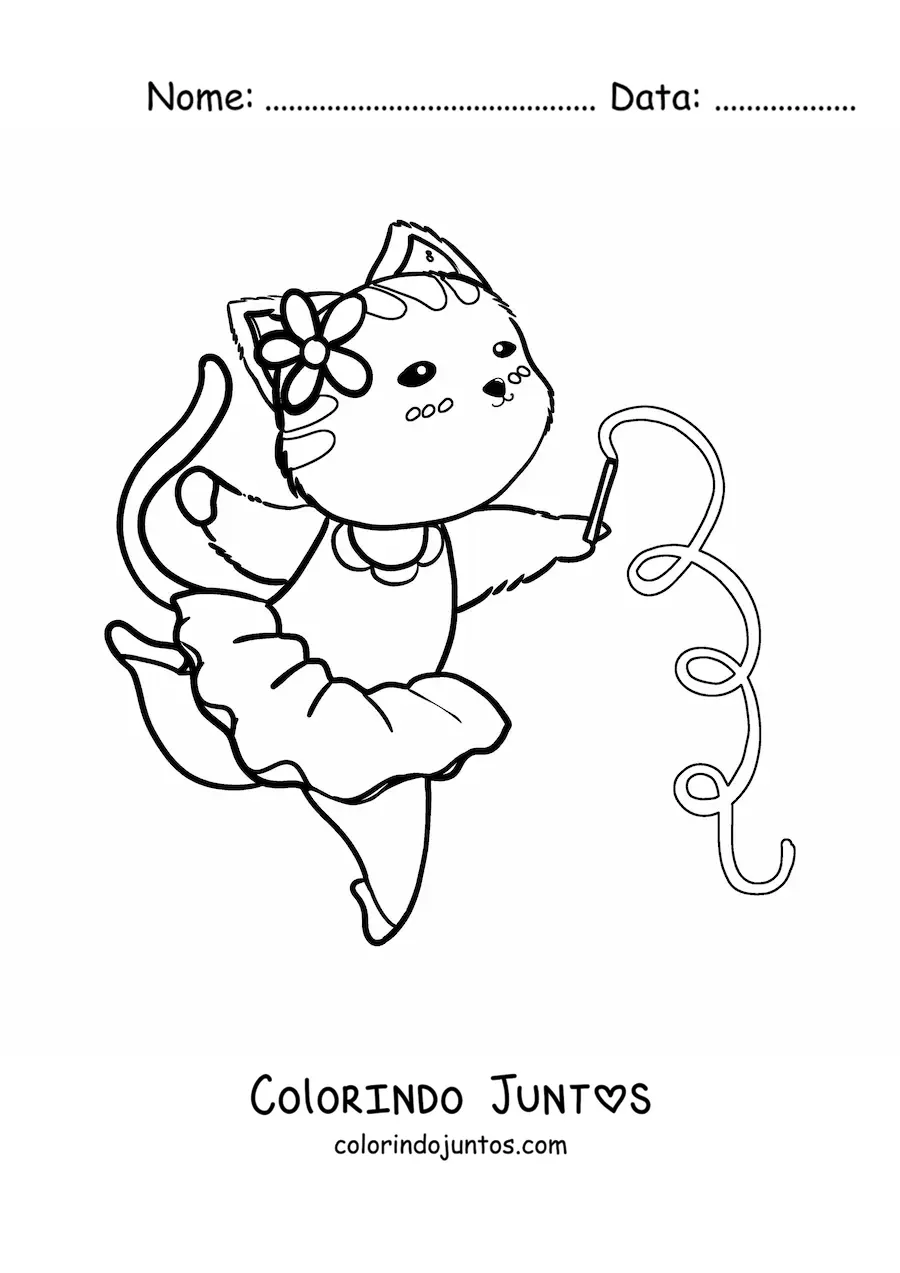Desenho para colorir de um gato animado fazendo ginástica rítmica