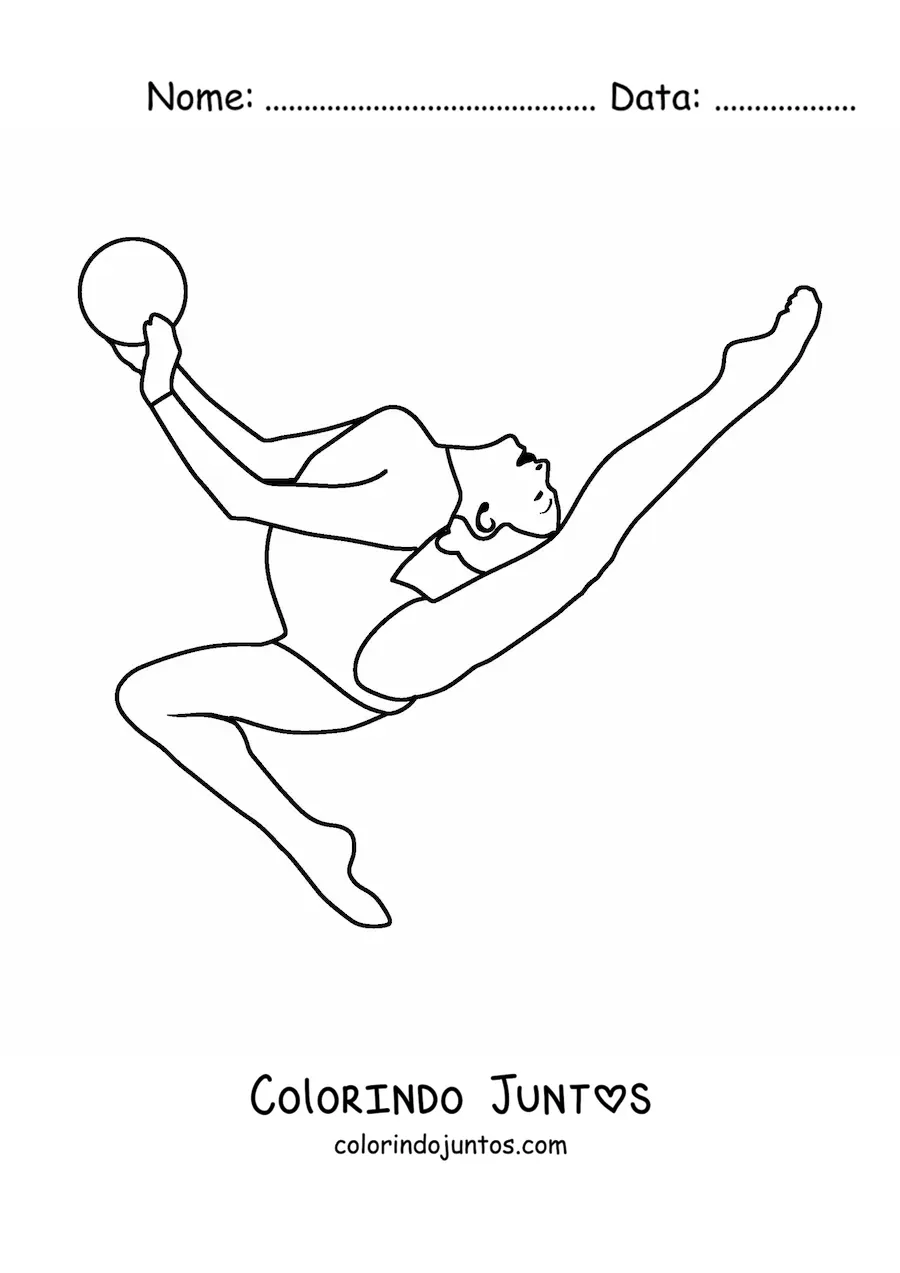 Desenho para colorir de uma atleta praticando ginástica rítmica com bola
