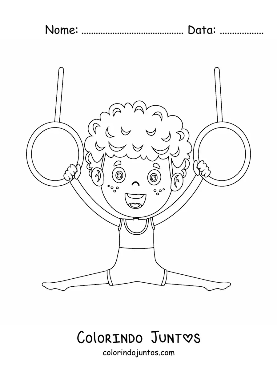 Desenho para colorir de um menino kawaii fazendo ginástica nas argolas