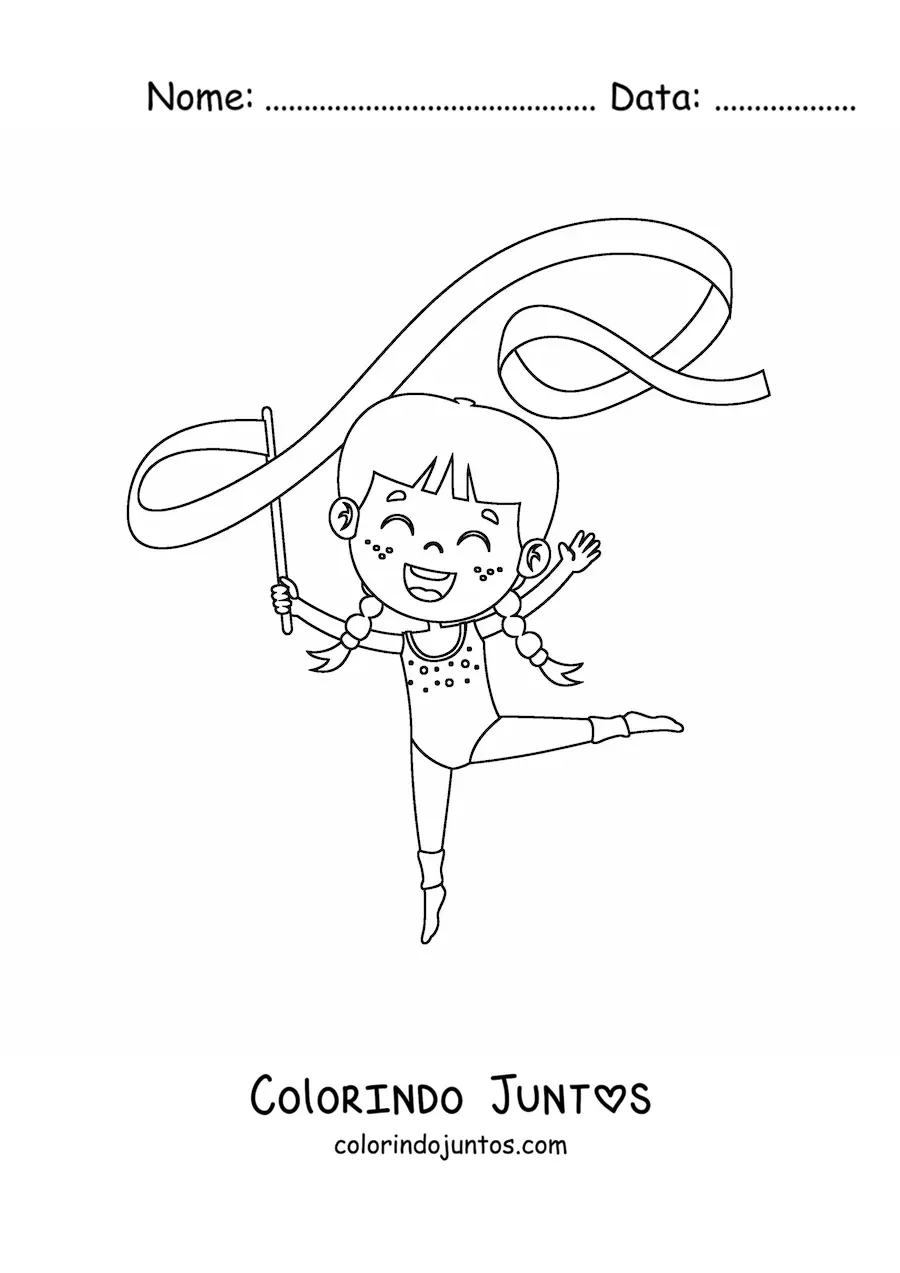 Desenho para colorir de uma menina kawaii fazendo ginástica rítmica