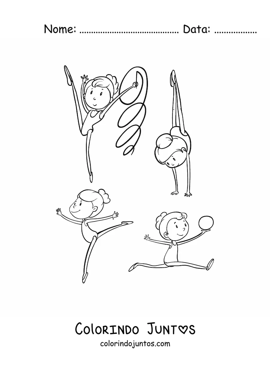Desenho para colorir de várias meninas praticando ginástica artística