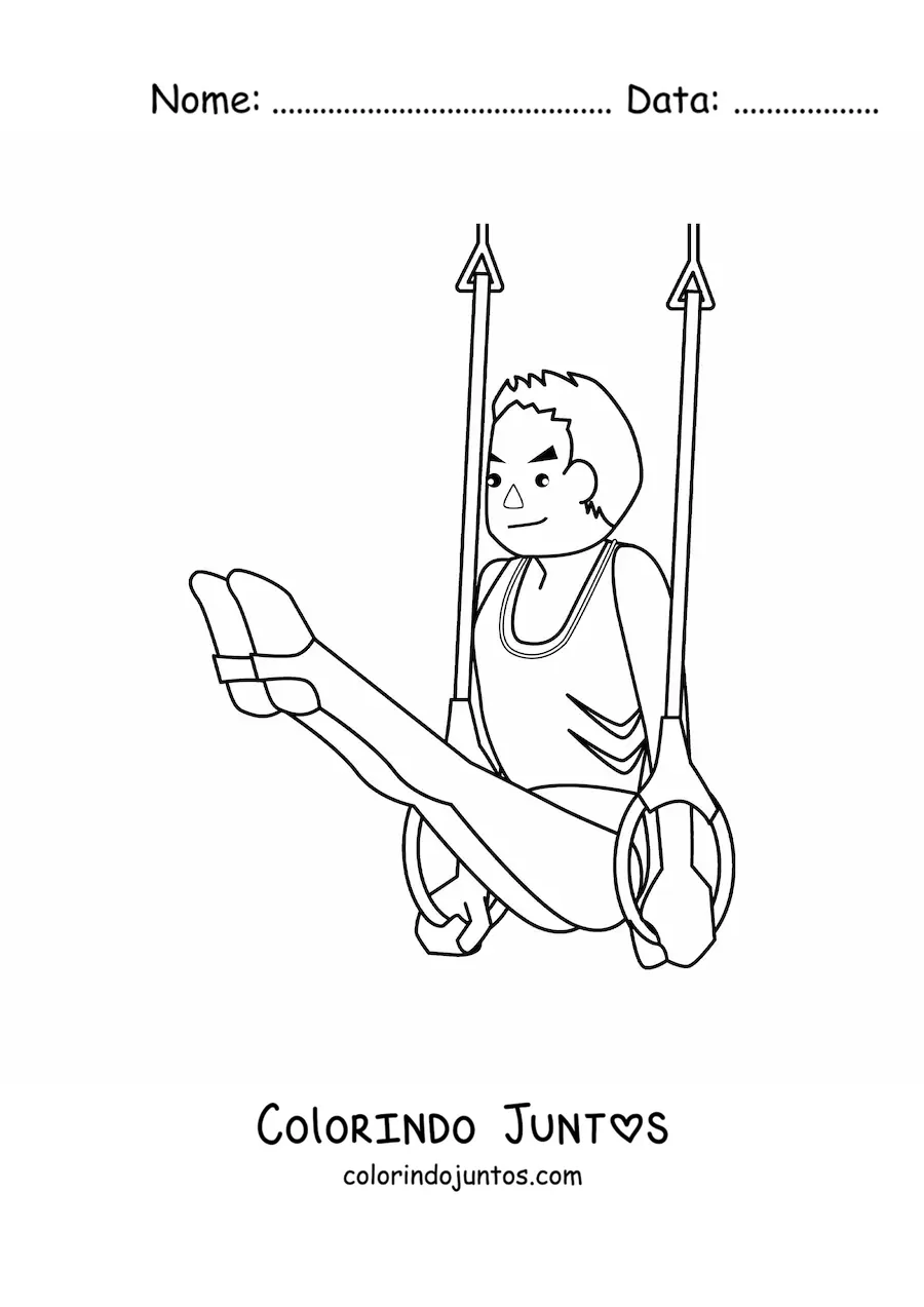 Desenho para colorir de um atleta fazendo ginástica masculina nas argolas