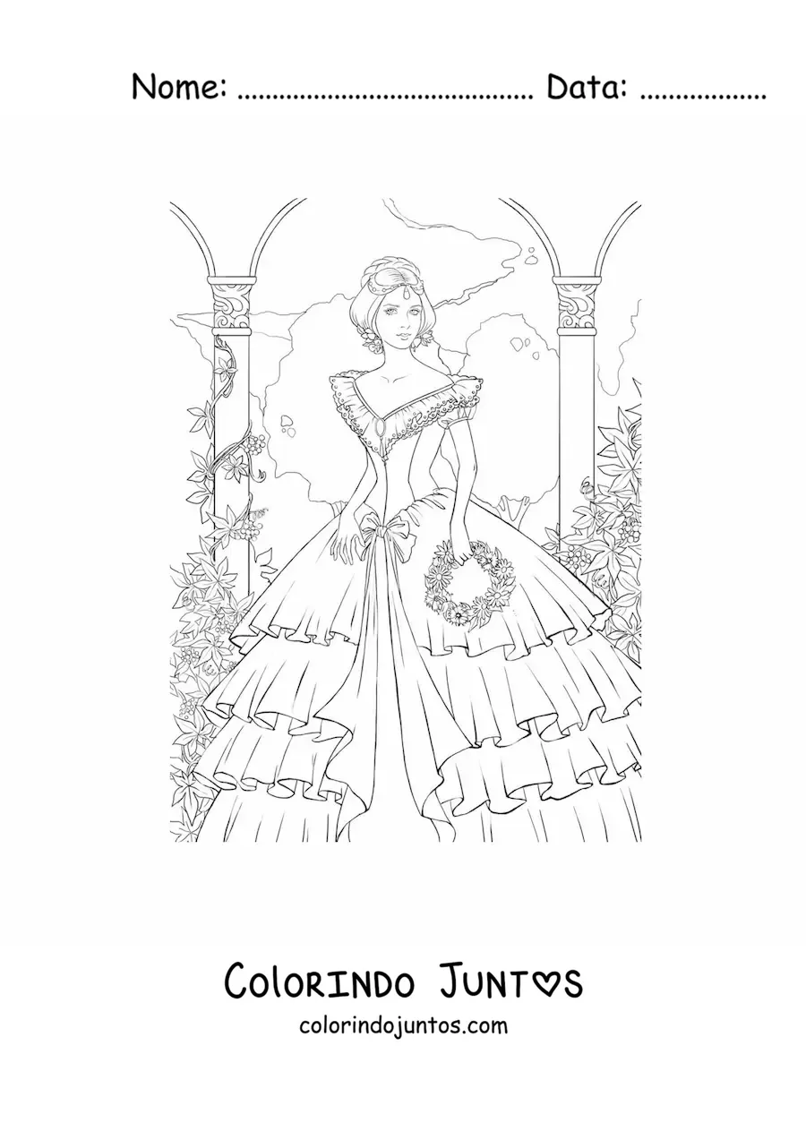 Desenho para colorir de uma dama com um vestido