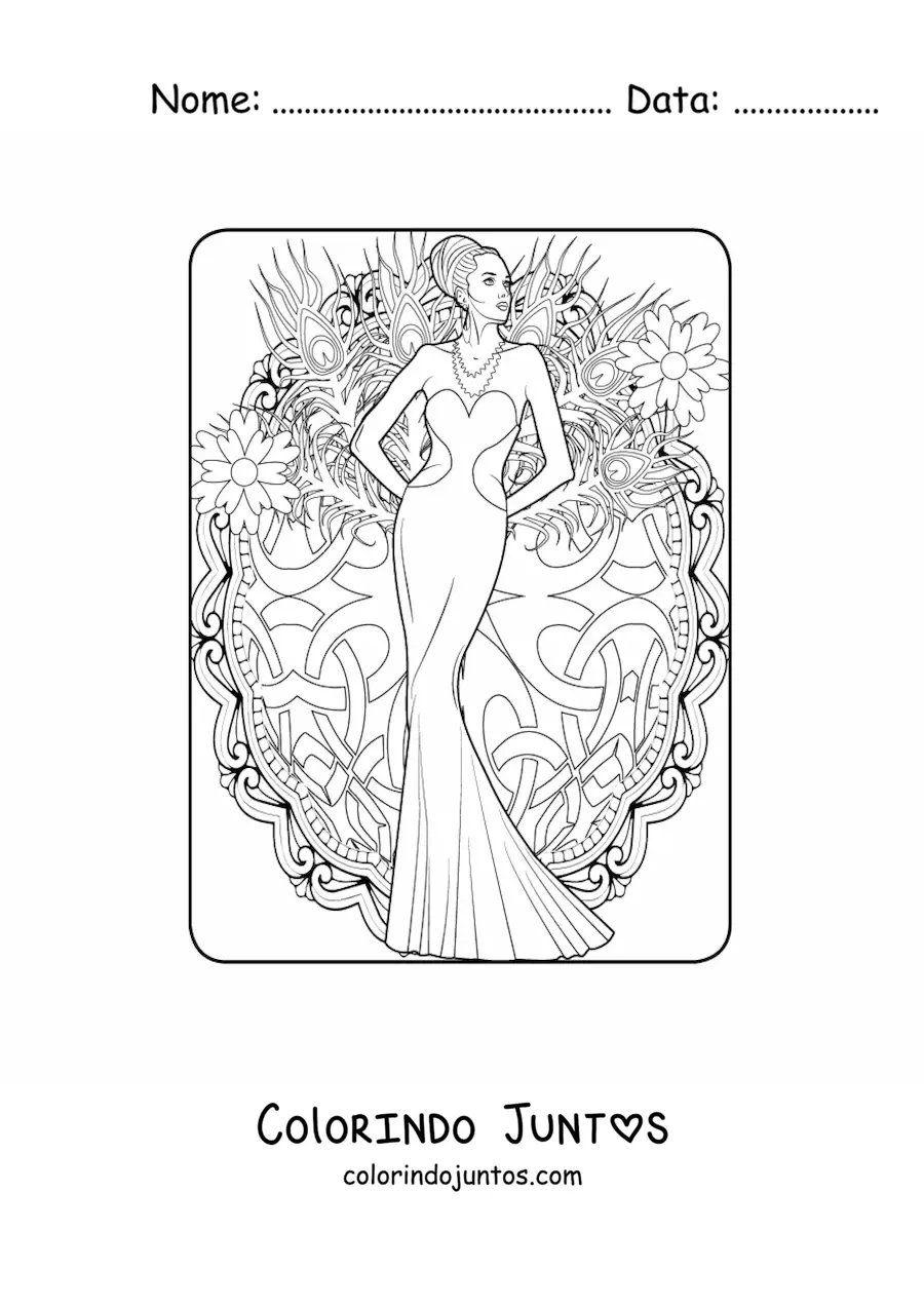Desenho para colorir de uma mulher com um vestido estilo sereia
