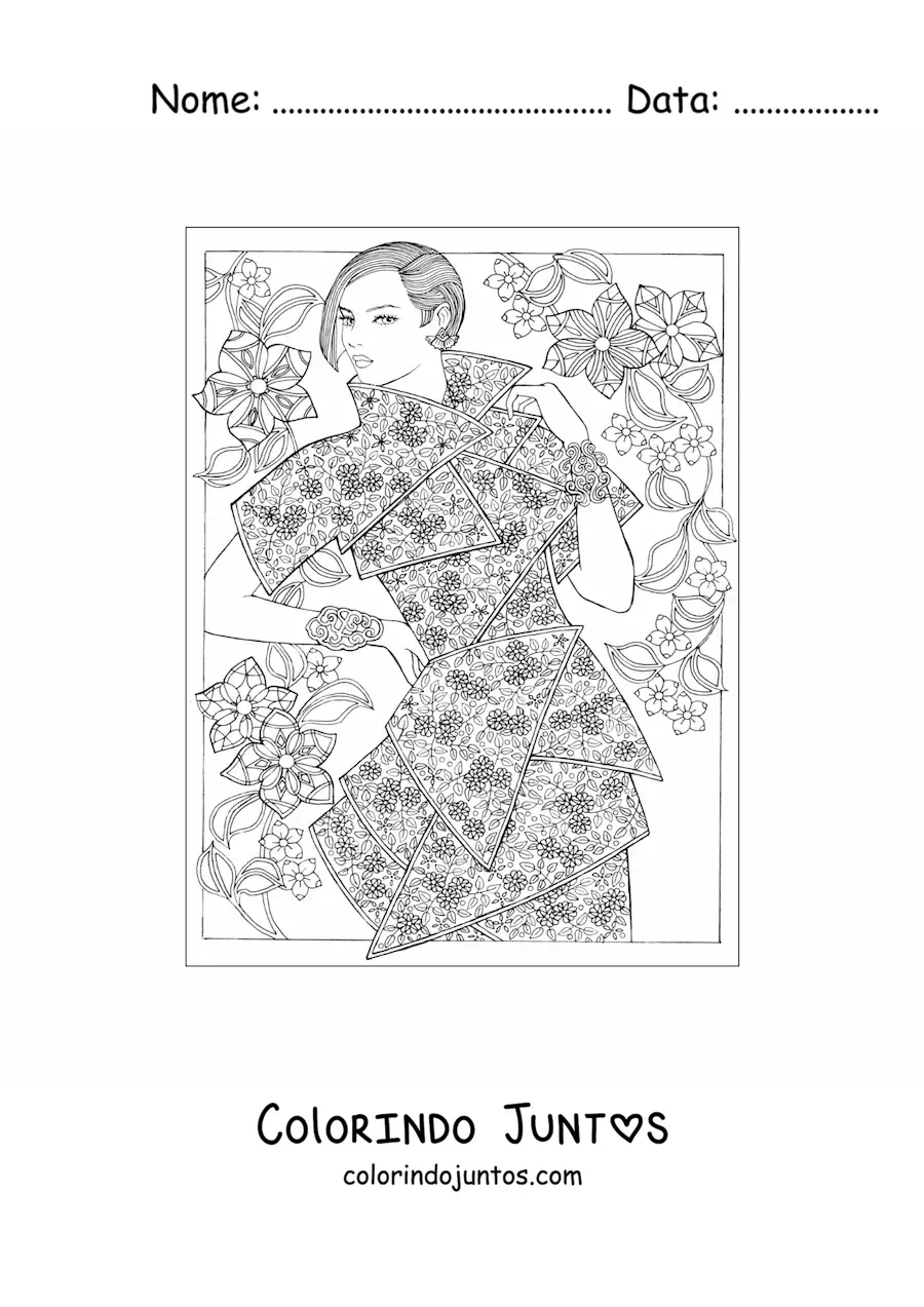 Desenho para colorir de uma mulher com um vestido da moda