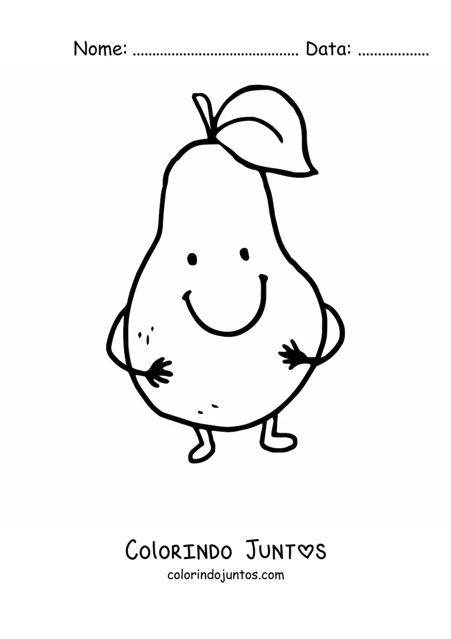 Desenho para colorir de uma pera animada com mãos e pés sorrindo