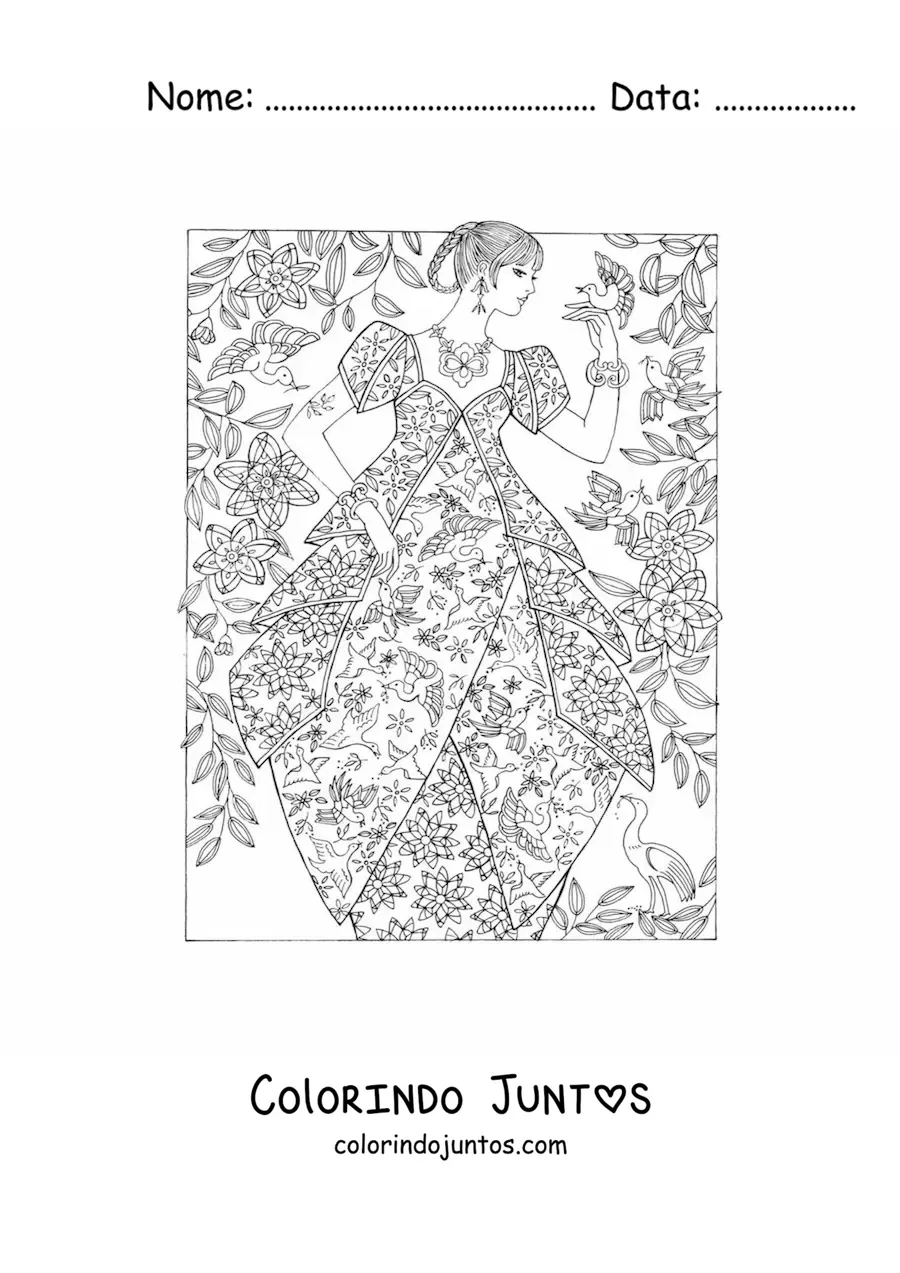 Desenho para colorir de uma mulher com um vestido de época