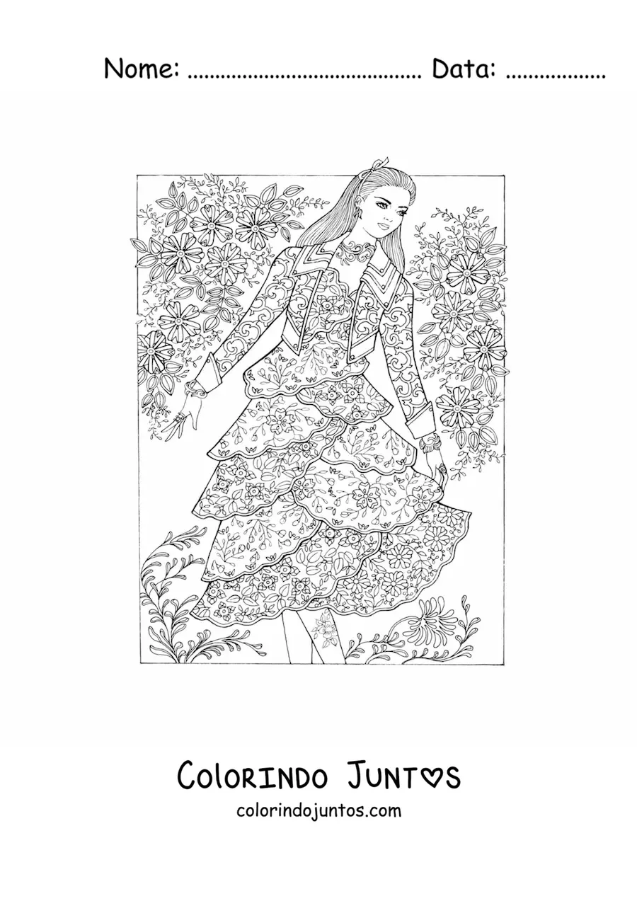 Desenho para colorir de uma modelo com um vestido de mandala