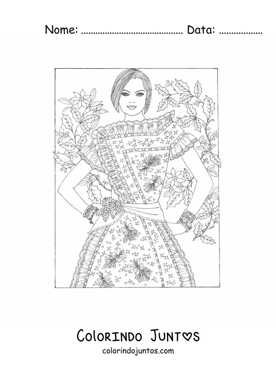 Desenho para colorir de uma modelo com um vestido estampado