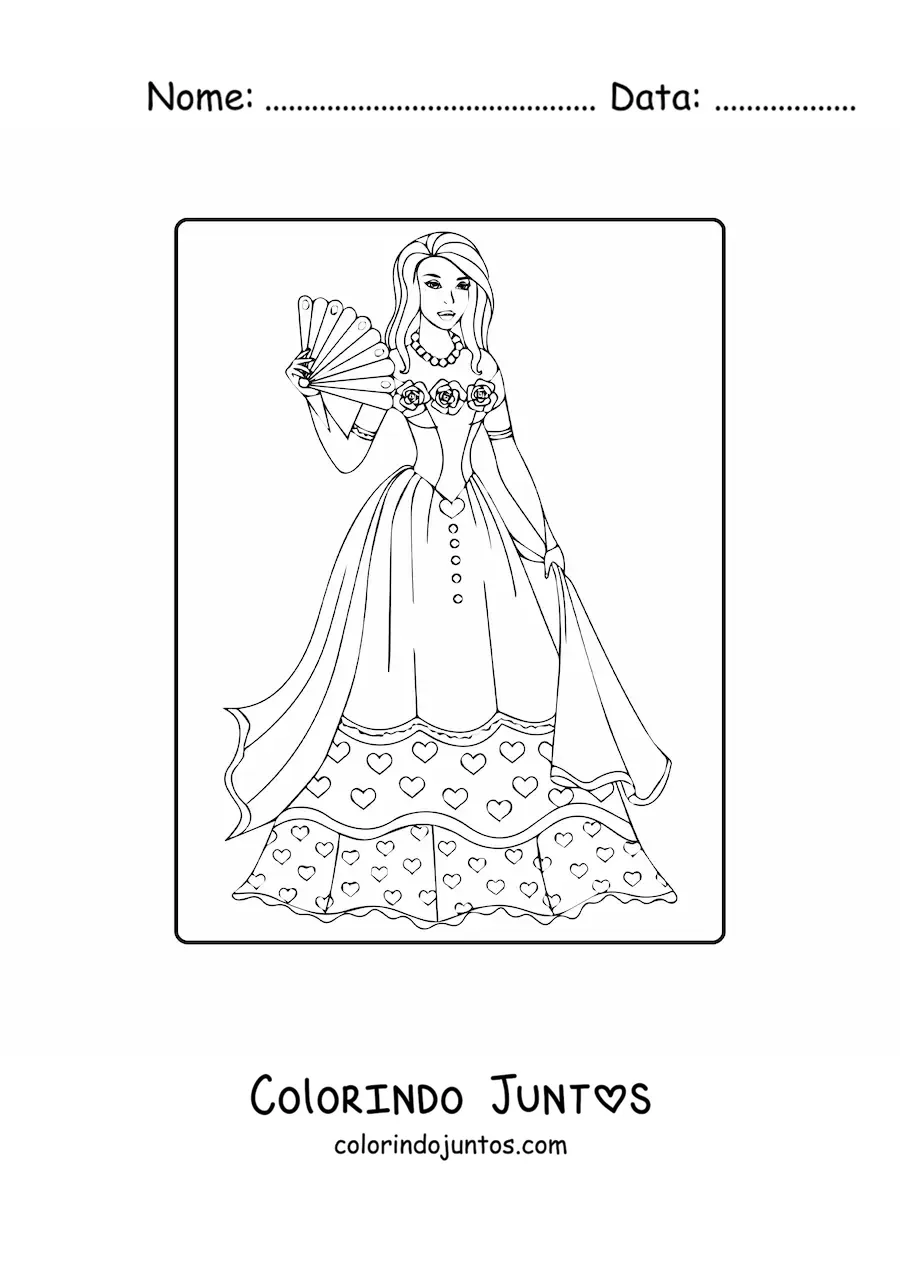 Desenho para colorir de uma princesa com um vestido e um leque
