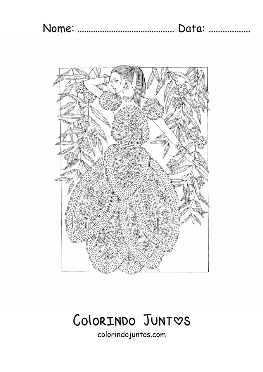 Desenho para colorir de uma modelo e um vestido estampado com mandalas