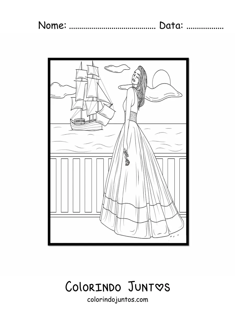 Desenho para colorir de uma modelo com um vestido de verão
