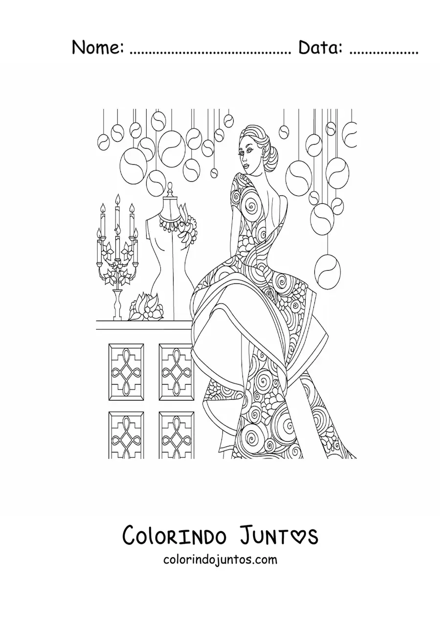 Desenho para colorir de uma mulher com um vestido de gala