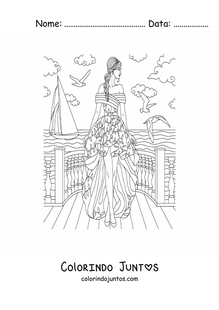 Desenho para colorir de uma modelo com um vestido de festa
