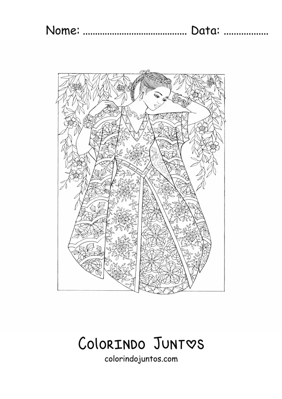 Desenho para colorir de uma modelo com um vestido estilo oriental