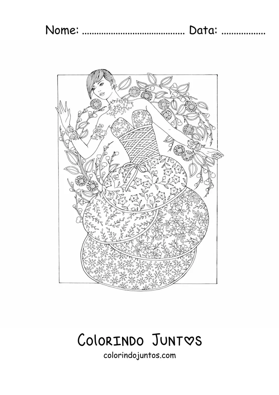 Desenho para colorir de uma modelo com um vestido florido