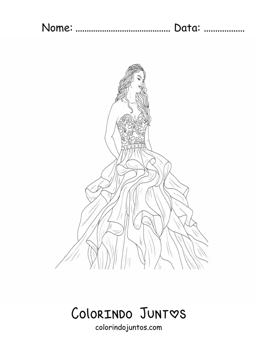 Desenho para colorir de uma modelo com um vestido estilo princesa