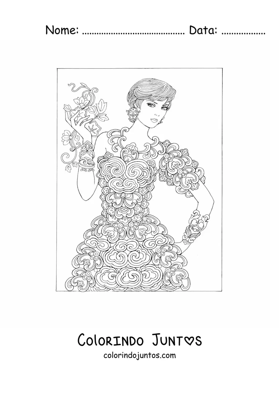 Desenho para colorir de uma modelo com vestido de flores