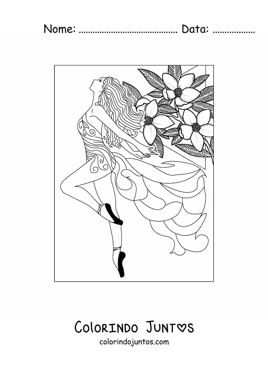 Desenho para colorir de uma modelo com um vestido e flores