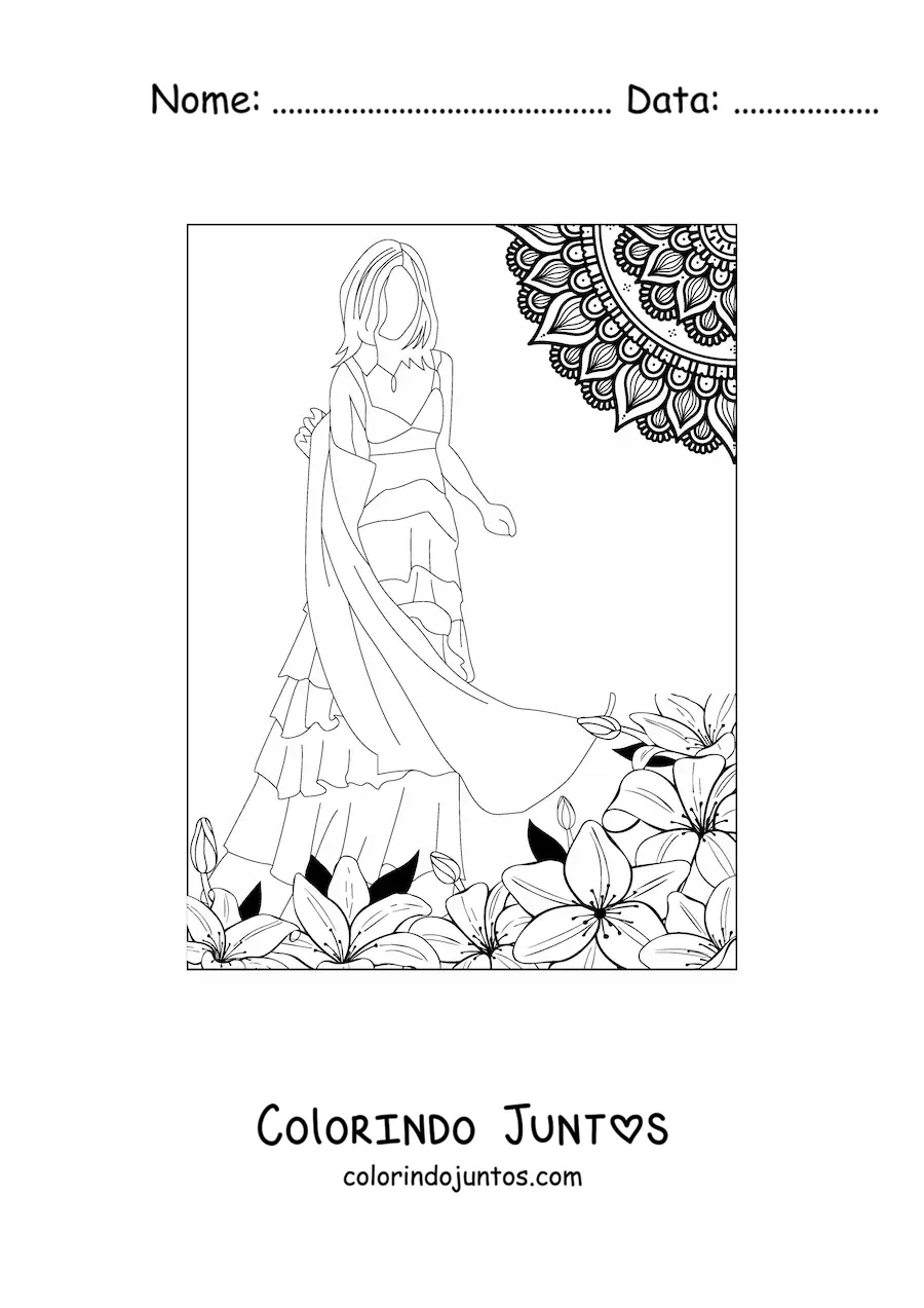Desenho para colorir de uma modelo com um vestido casual da moda