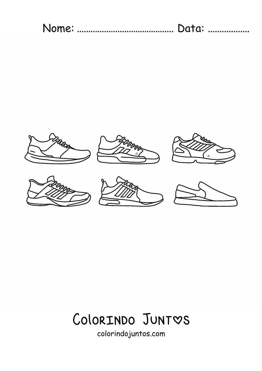 Desenho para colorir de seis tênis esportivos variados