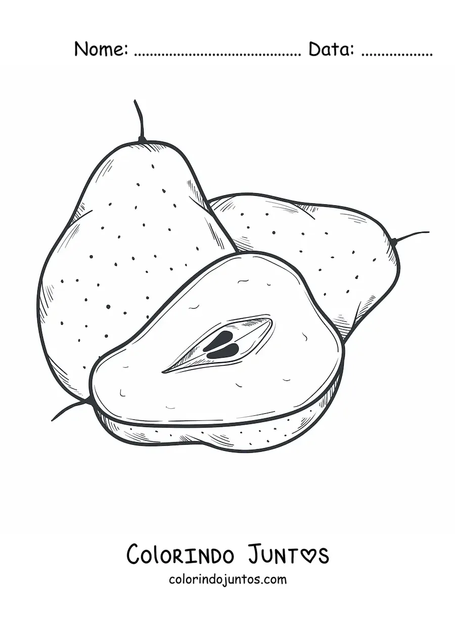 Desenho para colorir de duas peras inteiras e uma fatiada