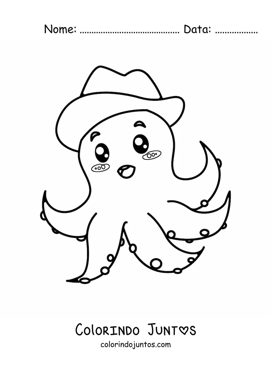 Desenho para colorir de um polvo animado com chapéu