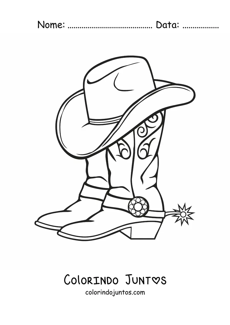 Desenho para colorir de um par de botas e um chapéu de cowboy