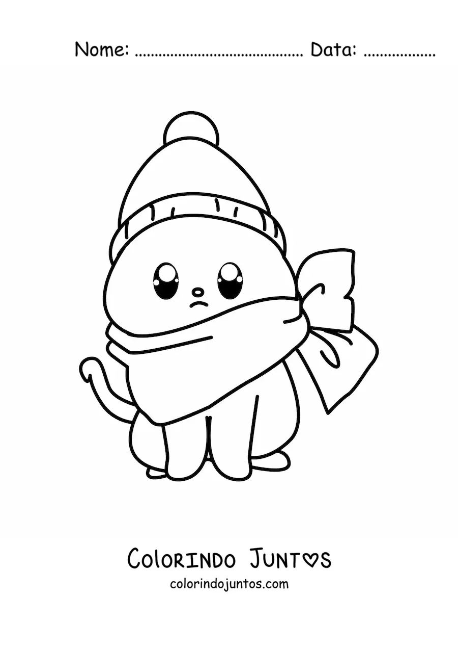 Desenho para colorir de um gato kawaii com um gorro de inverno